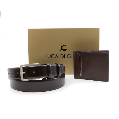 Set bărbați Luca di Gioia curea și portmoneu maro închis din piele 336BCADOULG01TDM