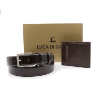 Set bărbați Luca di Gioia curea și portmoneu maro închis din piele 336BCADOULG01TDM