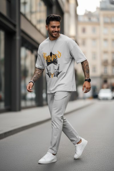 Tricou barbati gri  cu imprimeu  oversize Y171 20-3.1